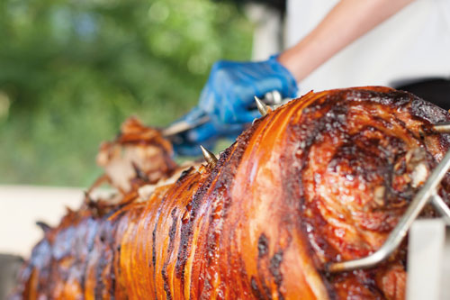 A close-up of a cooked hog on a spit